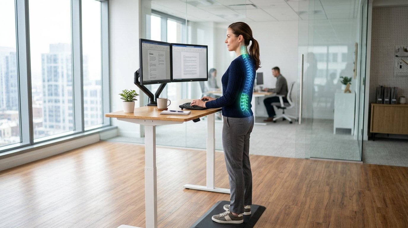Biomechanical cervical spine alignment and dual-monitor ergonomic workstation configuration